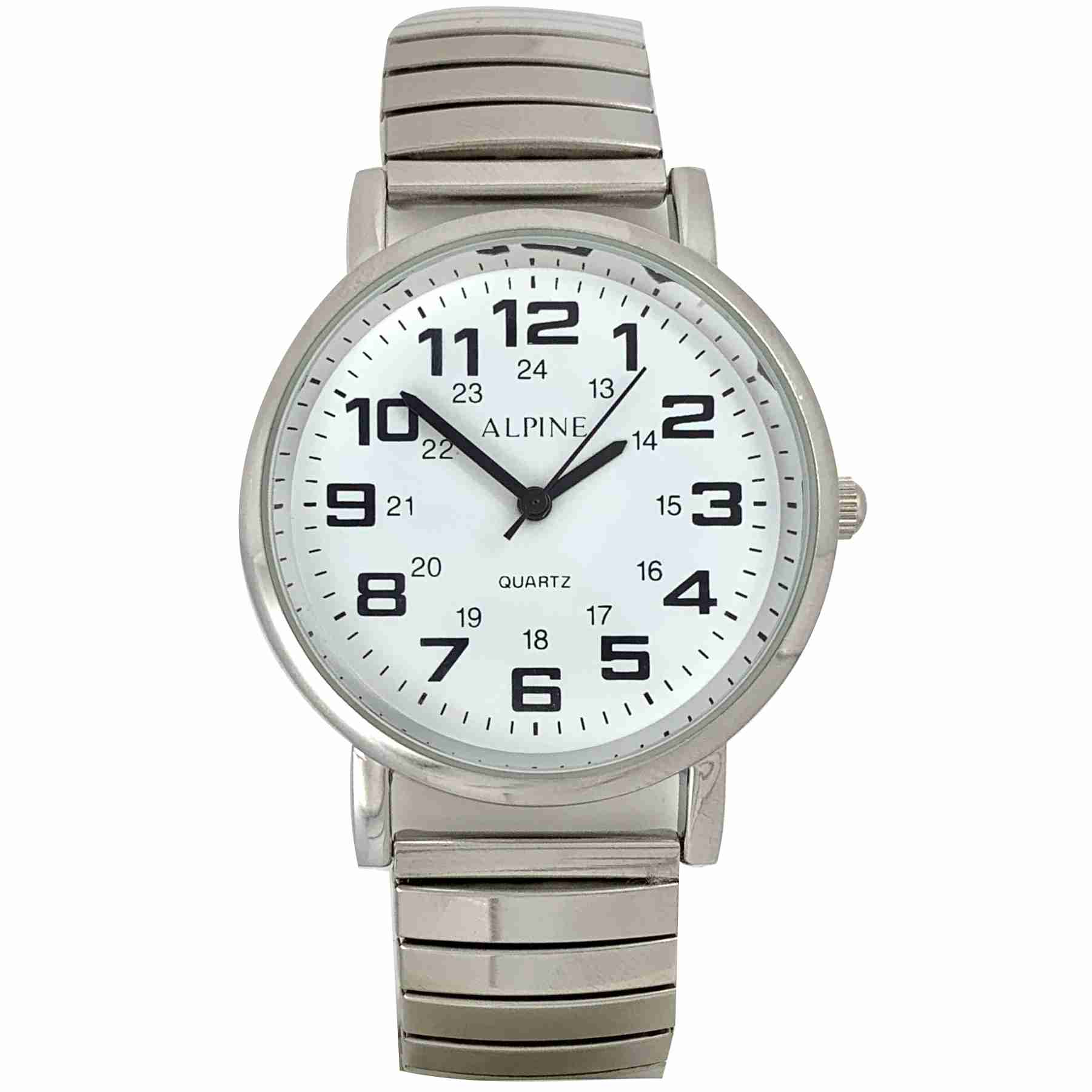Mens Bracelet Watch Silver Bold Stretch with 24 hour dial