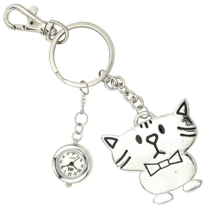Keychain Clock Animals - Cartoon Cat Silver