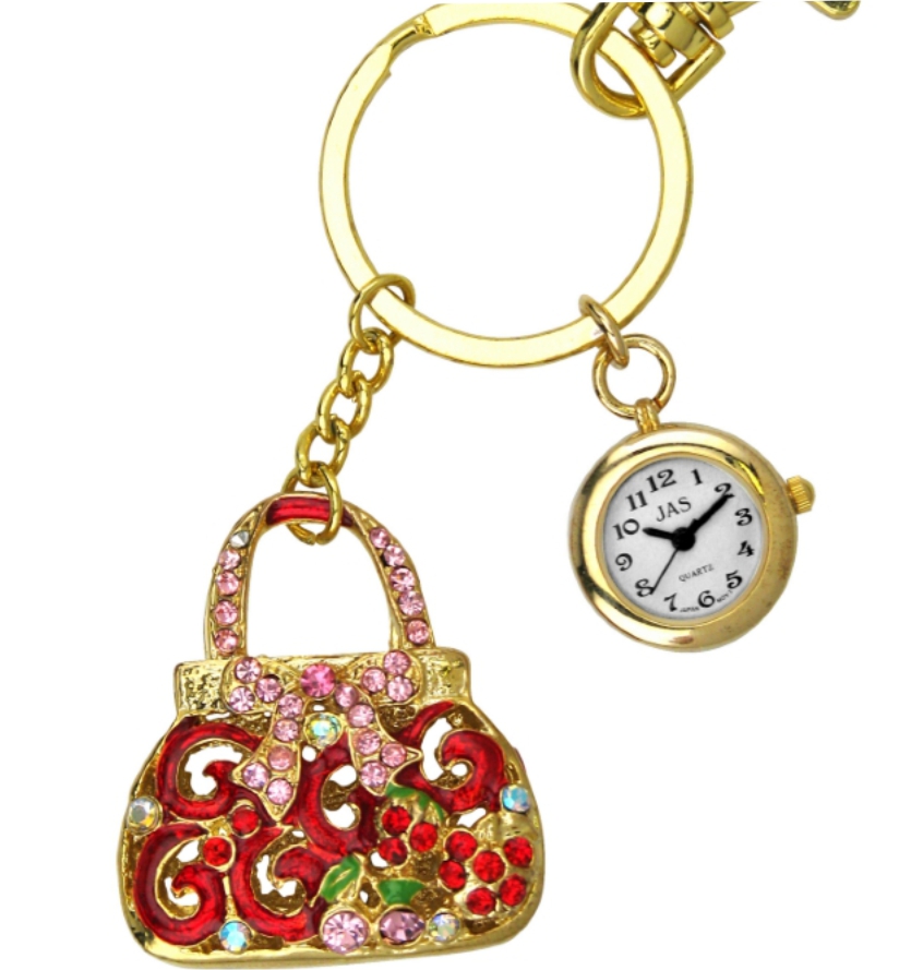Keychain Clock Handbag - Gold & Red Purse