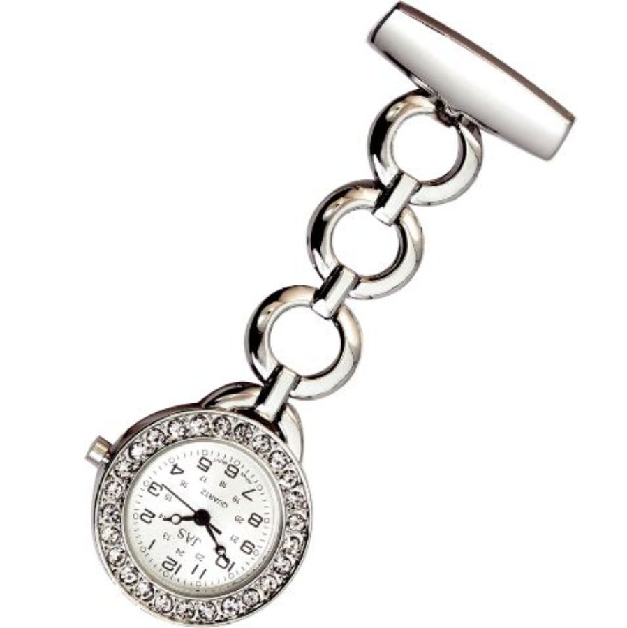 Nurses Fob Watch - Circles Silver with Clear Stones