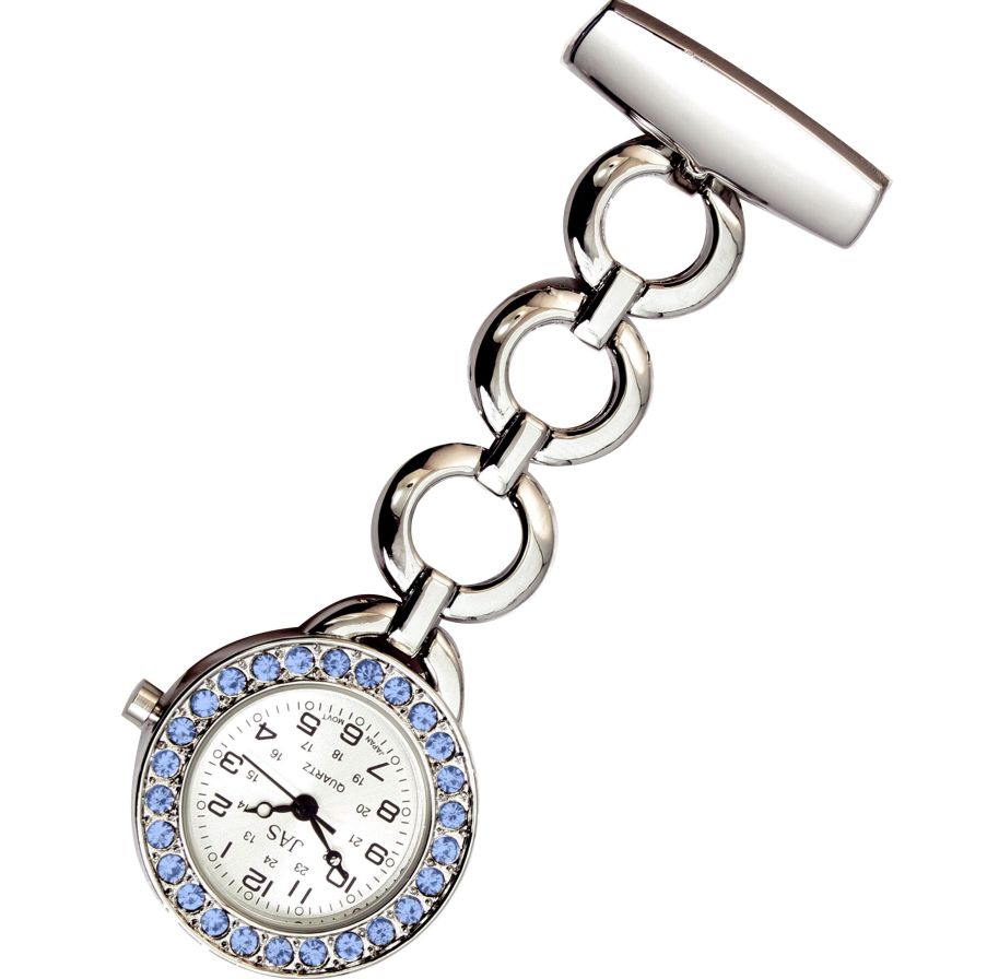 Nurses Fob Watch - Circles Silver with Blue Stones