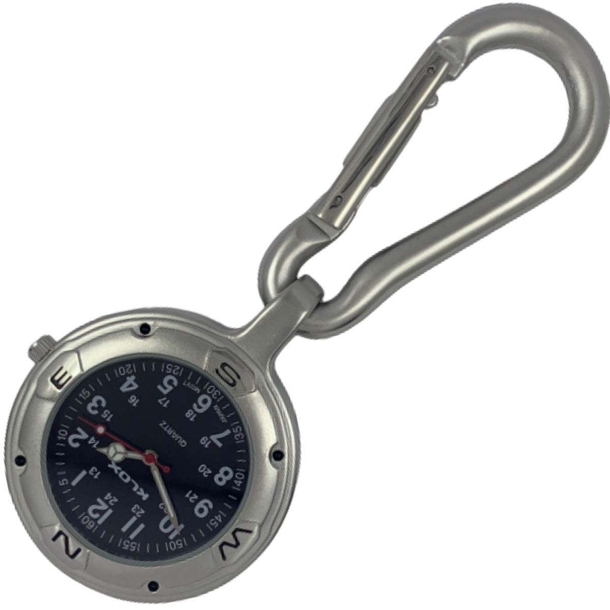Clip Watch - Matte Silver Carabiner - Large Clip - Black Dial