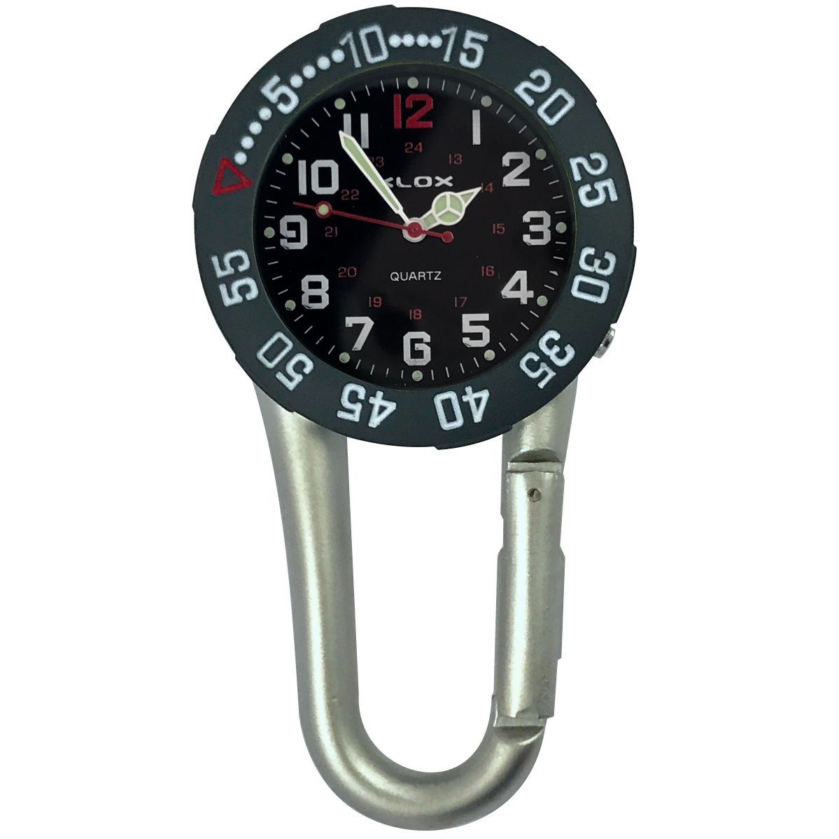 Metal Carabiner Clip Watch - Rotating Bezel - SILVER - BLACK Dia