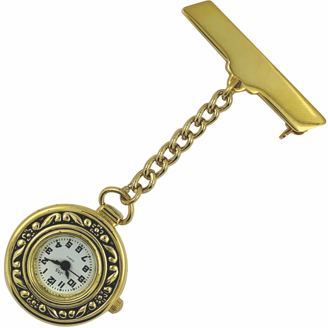 Nurses Pin-on Watch - Metal Chained - Gold Scroll