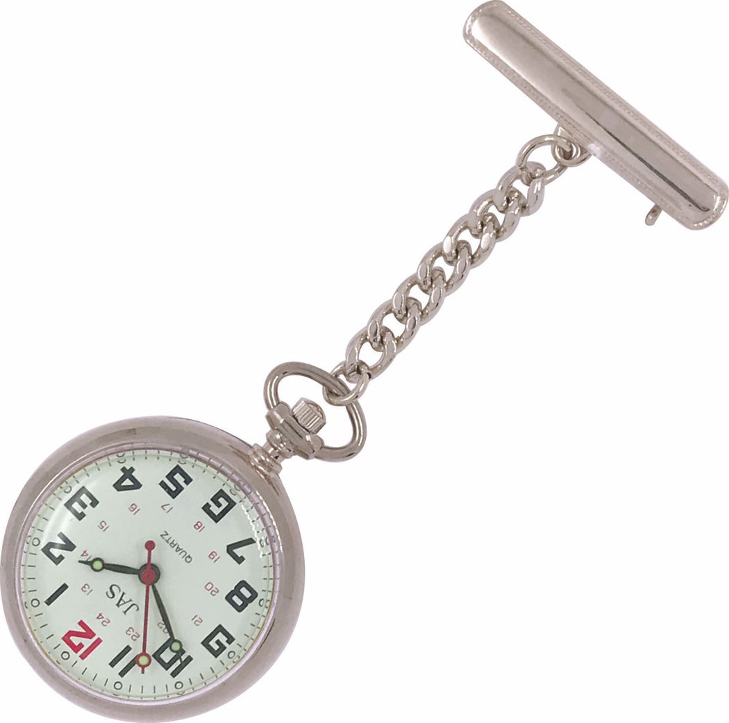 Nurses Pin-on Watch - Metal Chained - Silver Large Dial