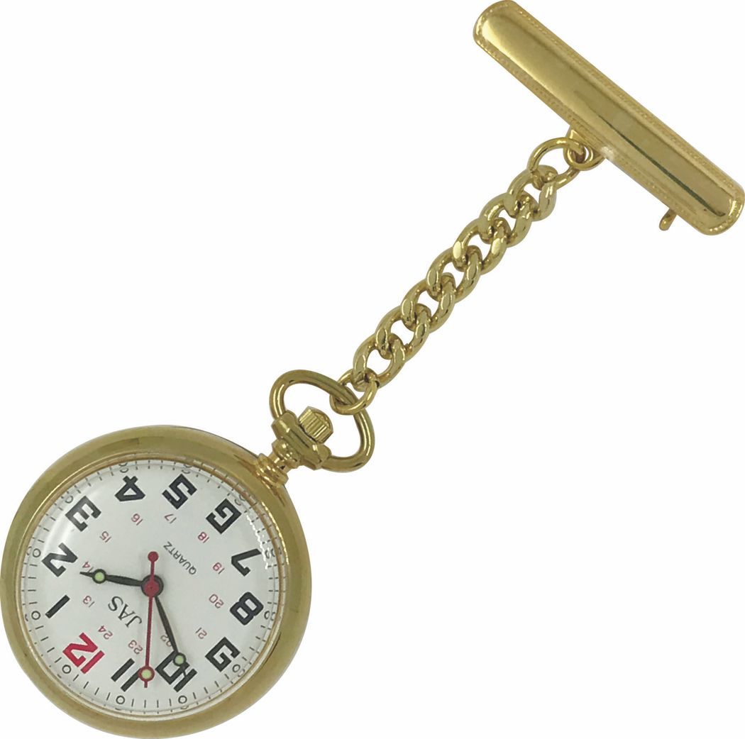 Nurses Pin-on Watch - Metal Chained - Gold Large Dial