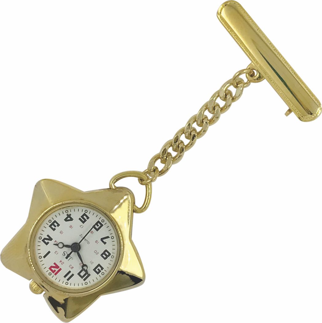Nurses Pin-on Watch - Metal Chained - Gold Star