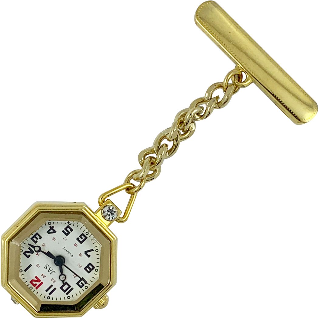 Nurses Pin-on Watch - Metal Chained - Gold Octogon