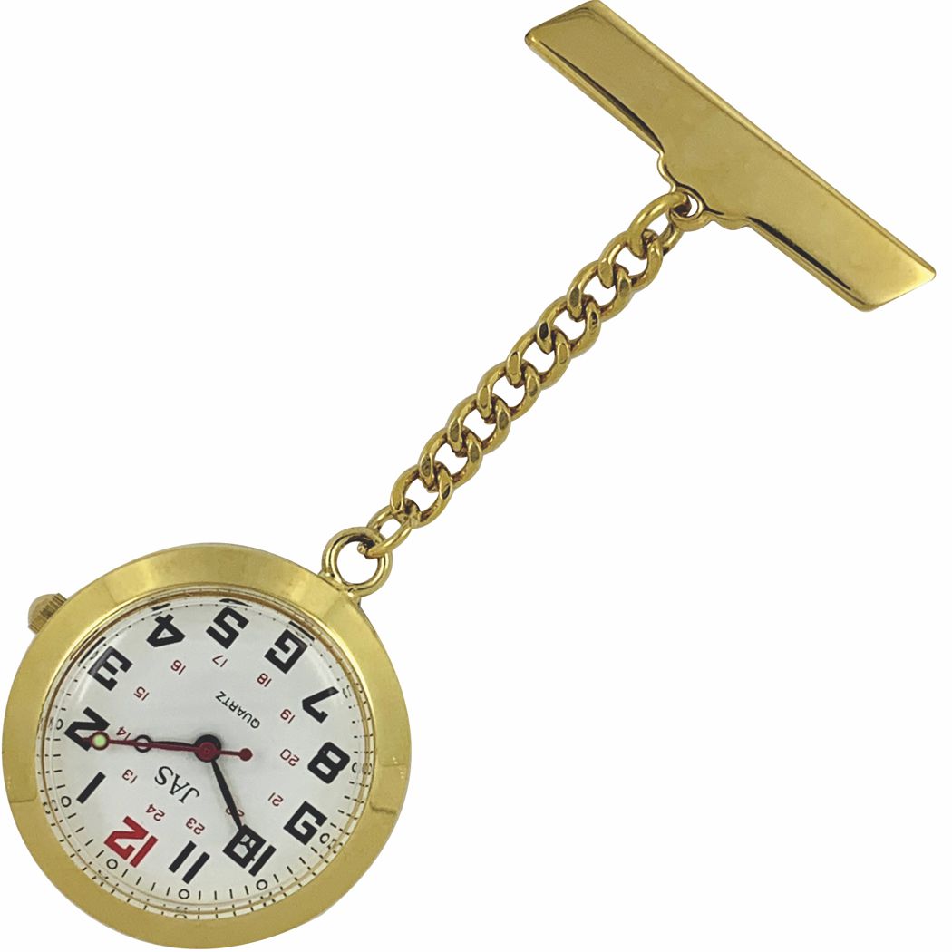 Nurses Pin-on Watch - Metal Chained - Gold Flange